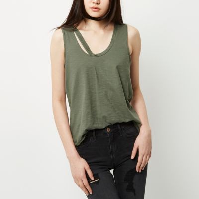 Khaki green tank top with cut-out detail